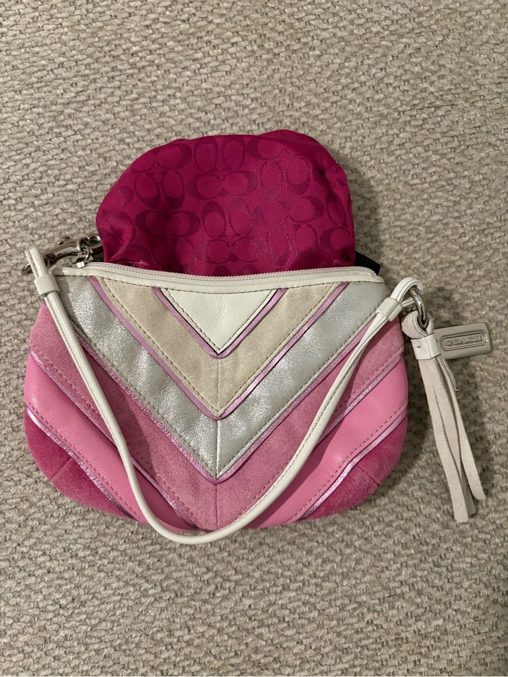 Coach Y2K Chevron Pink Suede Wristlet